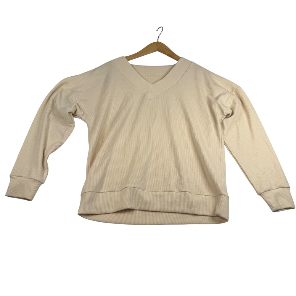 Felina Cream Ribbed V-Neck Pullover Top Long Sleeve Relaxed Fit C7119 Medium